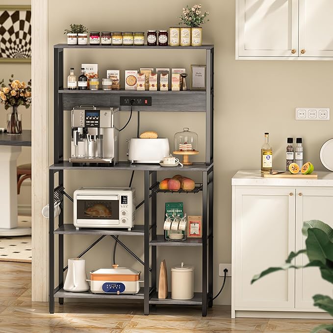 SUPERJARE Bakers Rack with Power Outlet, 35.4 Inches Coffee Bar with Wire Basket - Image 2