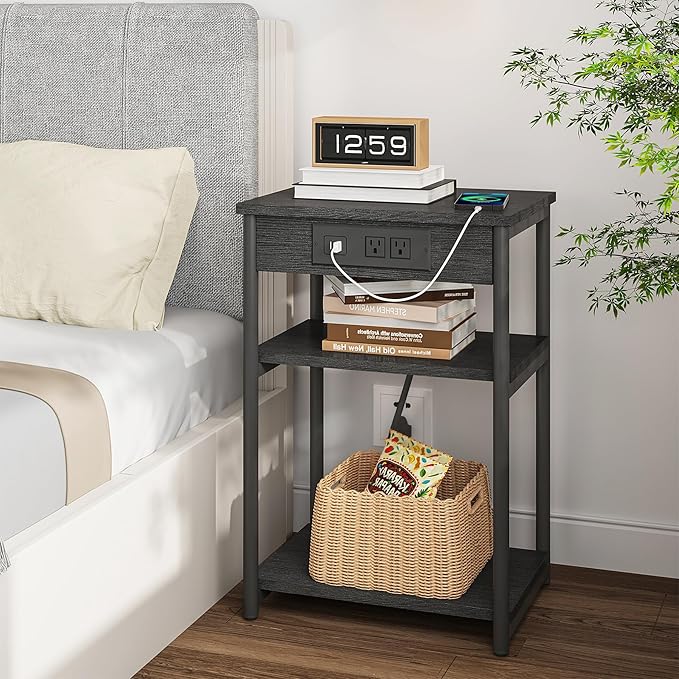 TUTOTAK End Table with Charging Station, Nightstand, 3-Tier Couch Side Table by WelcometotheTUTOTAKHome