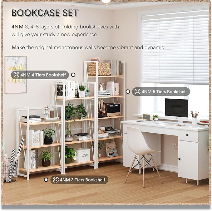 4NM No Assembly Folding Bookshelf, 5-Shelf 62.2" H Collapsible Foldable - Image 6