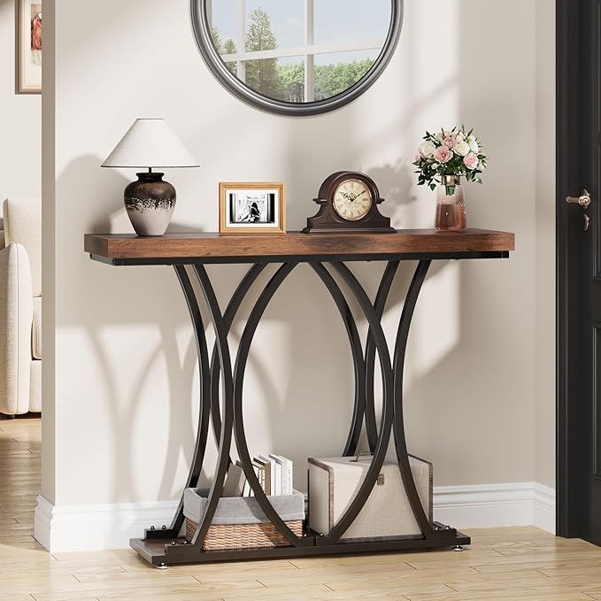 JUSTOGO 41.3" Industrial Entryway Table, Narrow Wood Sofa Console Table - Image 8