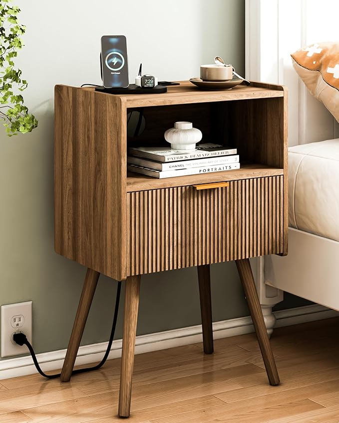 Nightstand with Outlet, Modern Bedside Table with Storage Drawer and Open Wood by JOONEE