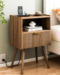 Nightstand with Outlet, Modern Bedside Table with Storage Drawer and Open Wood by JOONEE