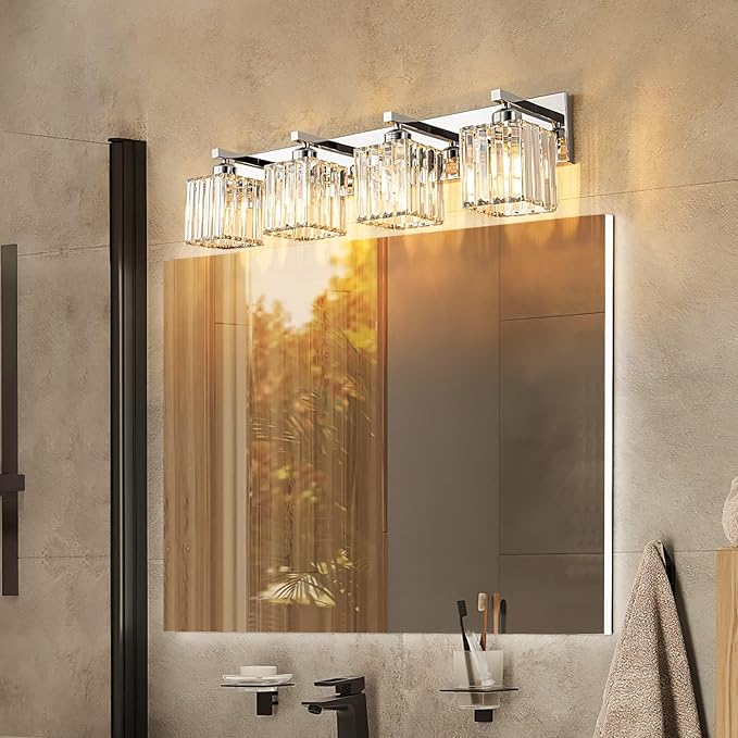Modern 4-Light Chrome Crystal Bathroom Vanity Light Fixtures - Image 3