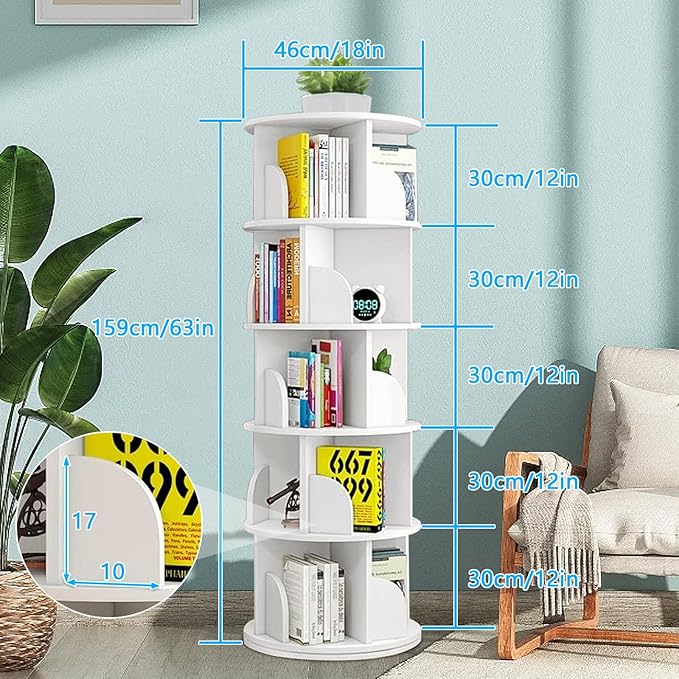Rotating Bookshelf Tower, 360 Display 5 Tier Floor Standing Bookcase Storage - Image 4
