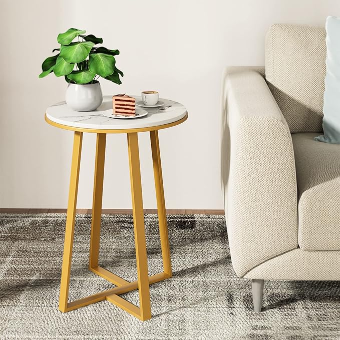 Round End Tables, Small Side Table White Marble Texture MDF Top, Metal Frame - Image 10
