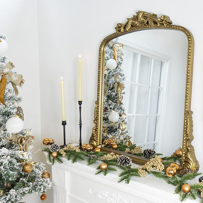 Antique Gold Ornate Mirror Arched Mantel Mirror Baroque Inspired Ornate Dresser - Image 6