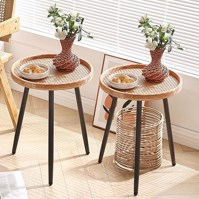 LITA 2 Pcs Rattan Log Desktop Round Side End Table, Nightstand/Small Tables by LITA