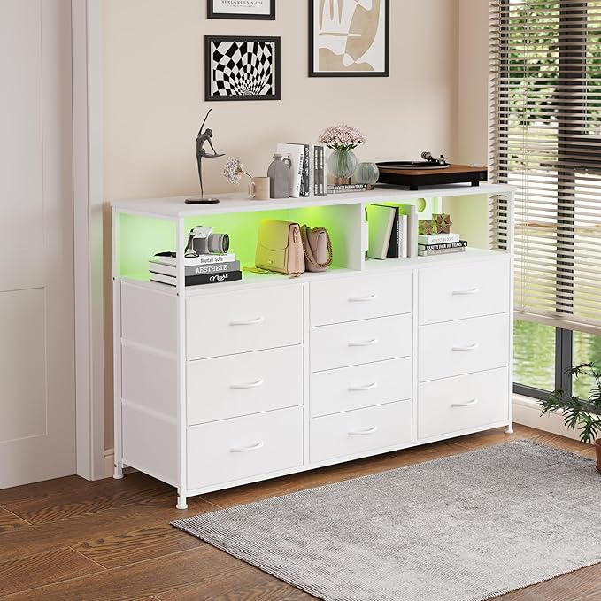 55W 10-Drawers Dresser with 2 Open Storage Shelves, TV Stand Dresser - Image 6
