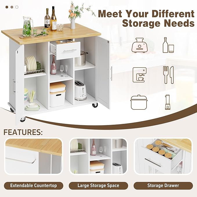 Shintenchi Kitchen Island with Storage, Bar Cart Cabinet Island Table on Wheels - Image 5