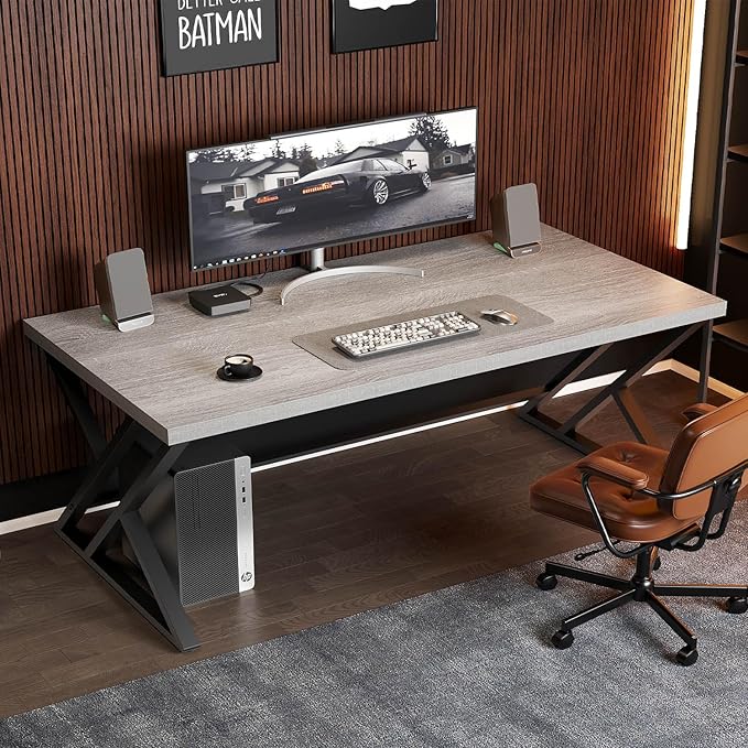 LVB Large Home Office Desk, Long Industrial Computer Desk, Metal Wood Writing - Image 3