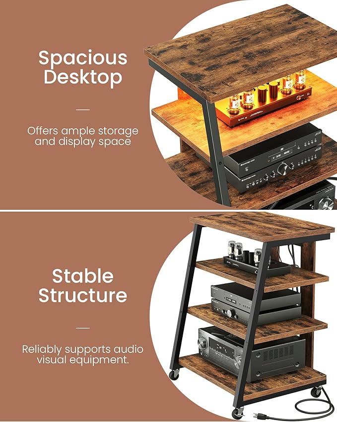 4-Tier AV Media Stand with Wheels, Stereo Stands, Media Console Shelf with - Image 8