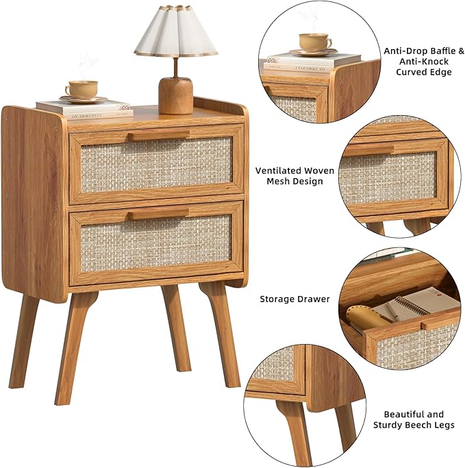 Lerliuo Rattan Nightstands Set of 2, Boho Night Stand - Image 9
