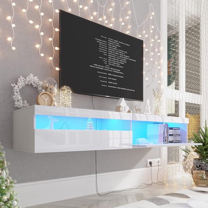 Floating TV Stand with Led Lights, 71 inch Wall Mounted TV Shelf with Power by ANTISTA-10YEARSFURNITURE