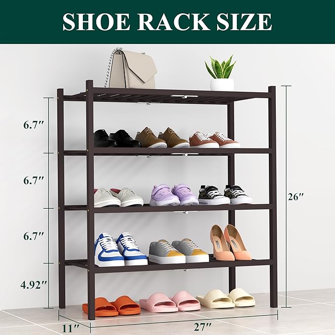 Smiry Shoe Rack, 4 Tier Thick Bamboo Shoe Organizer, Stackable Free Standing - Image 2