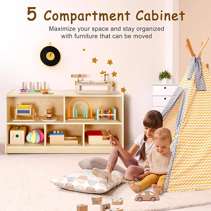 wingyz Wooden Storage Cabinet, 5-Section Montessori Bookshelf, Kids Toy Storage - Image 7