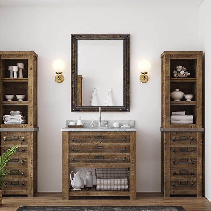 YOSHOOT Farmhouse Bathroom Mirror, Rustic Wood Mirror, Wooden Framed Vanity - Image 3