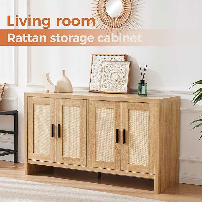 Rattan Buffet Cabinet with Storage, Sideboard Cabinet with Doors and Adjustable - Image 8