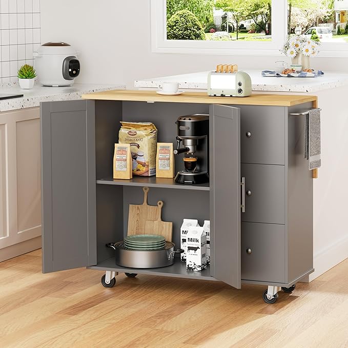 Shintenchi Kitchen Island with Folding Drop Leaf, Rolling Island Table with - Image 7