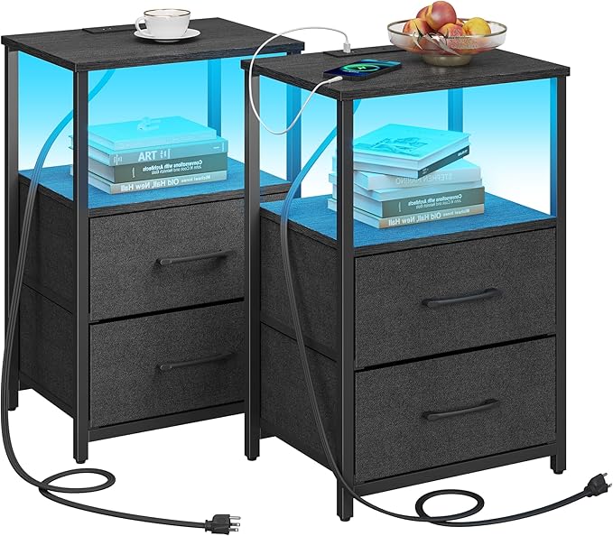 TUTOTAK LED End Table with Charging Station, Nightstand with Cloth Drawer by WelcometotheTUTOTAKHome