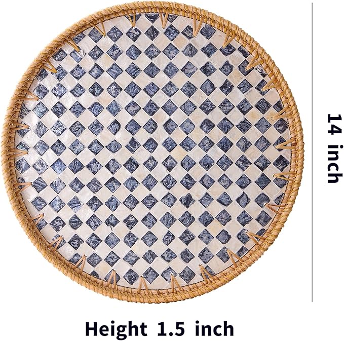Round Rattan Tray with Mother of Pearl Inlay, Rattan Serving Tray with Wooden - Image 7