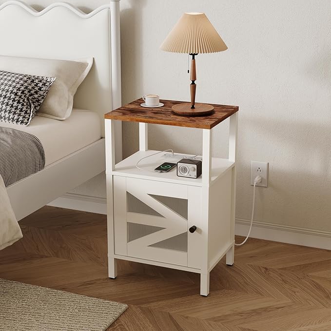 Farmhouse Nightstand with Charging Station, End Table with Storage, Acrylic Door - Image 2