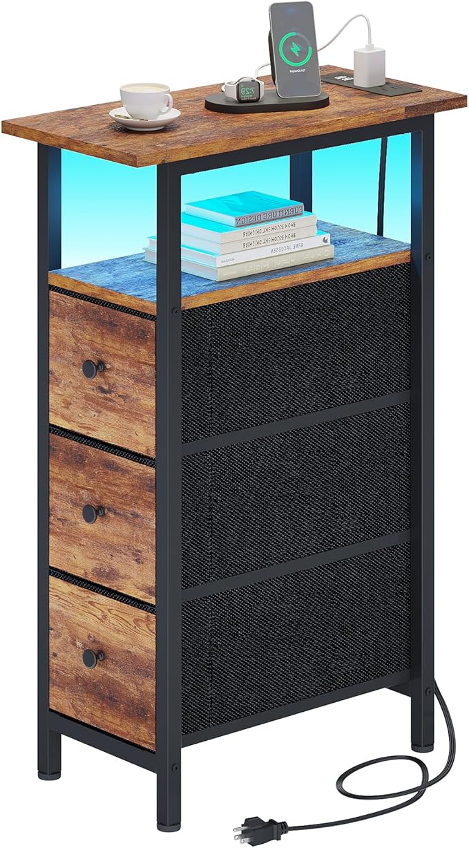 End Table with Charging Station, Narrow Side Table with 3 Fabric Drawers by TRIFEBLE