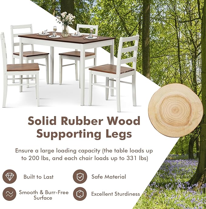 Giantex 5-Piece Dining Set for 4, Solid Wood Rectangular Table & 4 Chairs wtih - Image 4