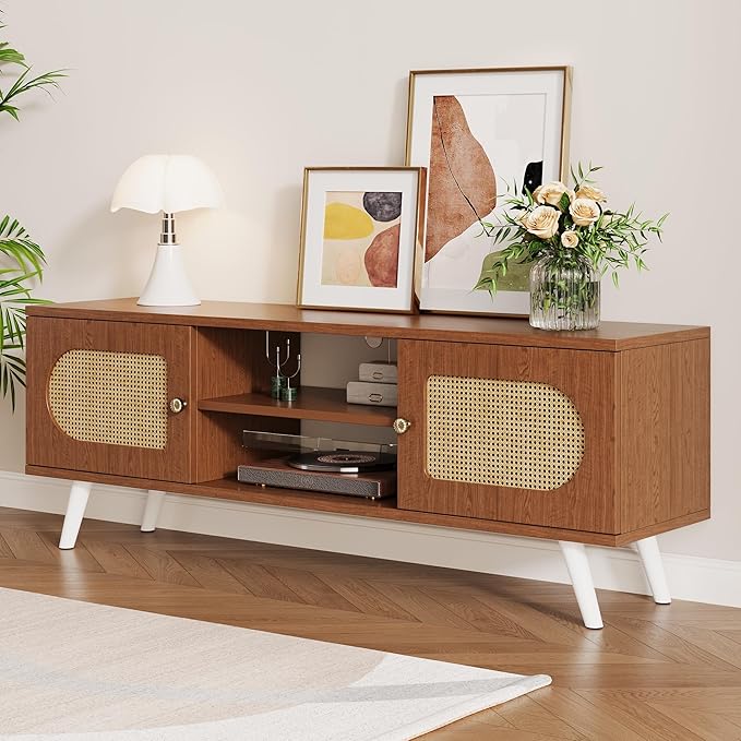 55" Rattan TV Stand for 65 Inch TV Solid Wood TV Console Entertainment Center by HOLTPHILI
