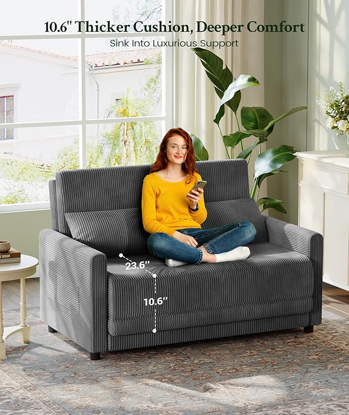 53” Convertible Sofa Bed Couch, Corduroy Couch Bed, 6-Position Loveseat Sleeper - Image 6