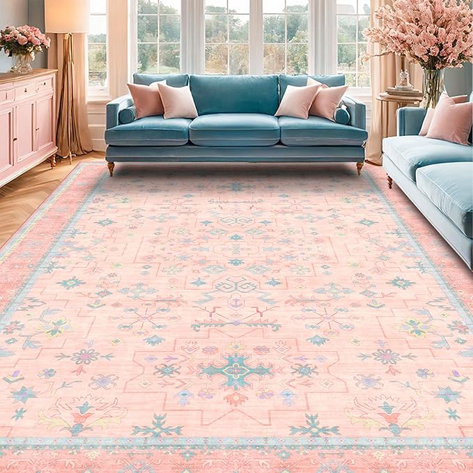 Washable Pink and Blue 8x10 Oushak Rugs - Image 3
