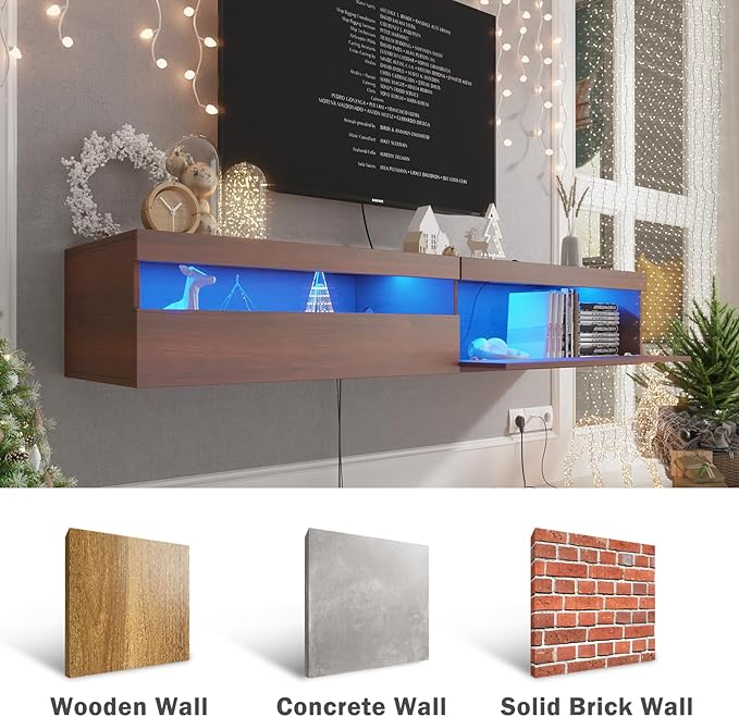 Floating TV Stand with Led Lights, 71 inch Wall Mounted TV Shelf with Power - Image 3