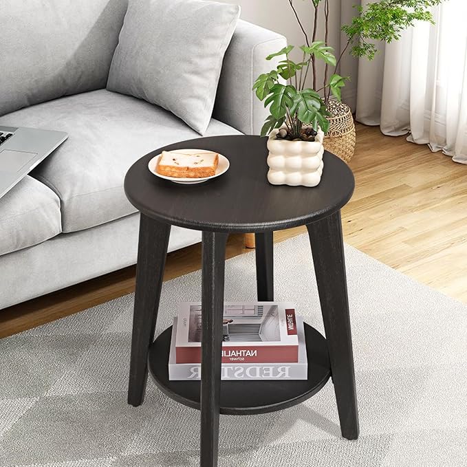 Round Side Table Black Gold Wooden End Table - Image 2
