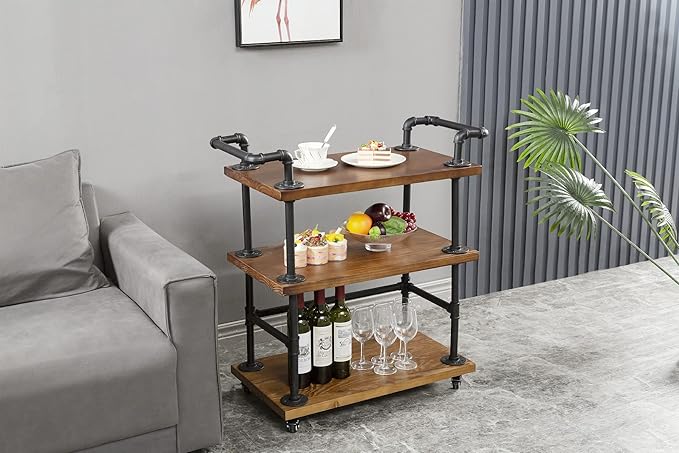 Industrial Pipe Bar Carts/Serving Carts/Kitchen Carts/Wine Rack Carts on Wheels - Image 2