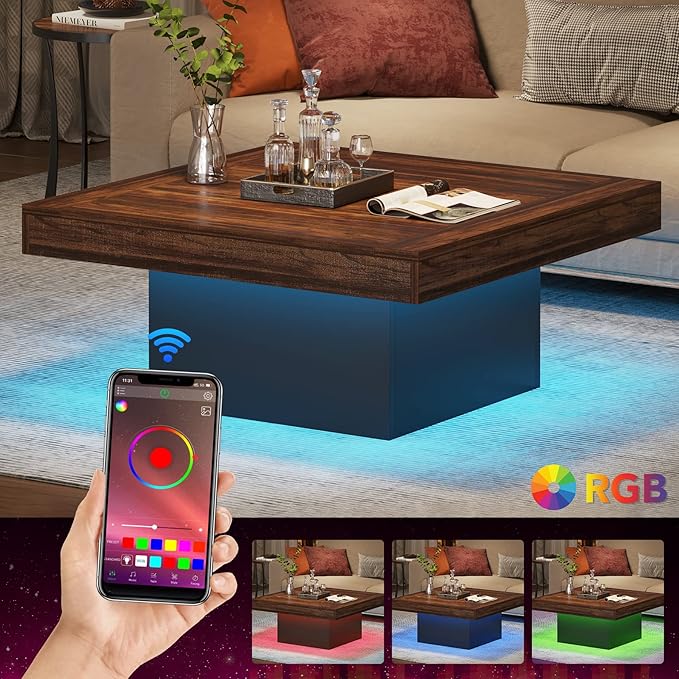 Tribesigns Coffee Table Square LED Coffee Table Engineered Wood Low Center - Image 3