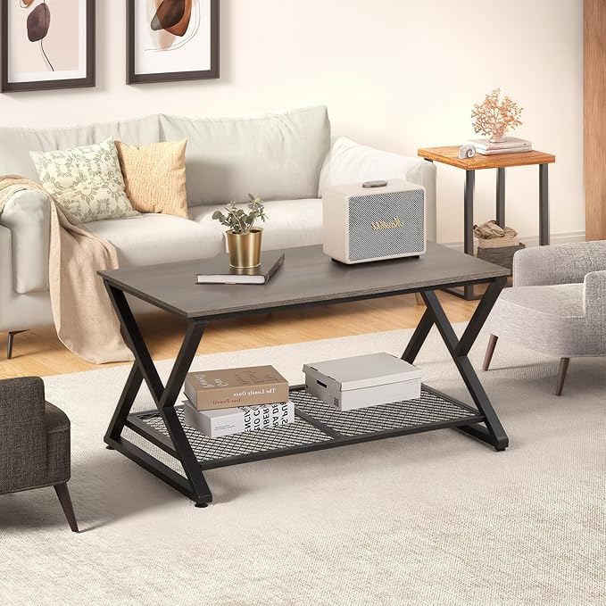 SENIG Coffee Table with Storage Shelf, Industrial Metal Wood Living Room Tables - Image 6