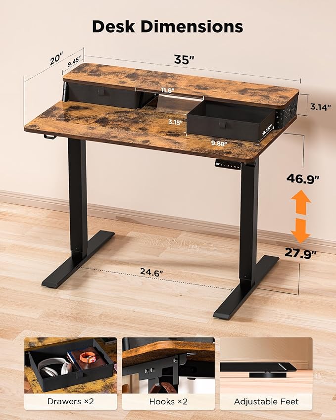 35x20 Inch Standing Desk with Double Drawers, C-Clamp Mount Compatible - Image 3