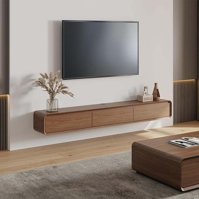 POVISON Fully Assembled Floating TV Stand, Walnut TV Stand, Solid Wood Floating by POVISON
