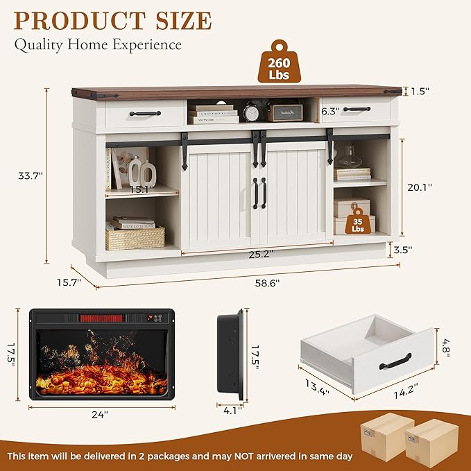 59'' Fireplace TV Stand with 3D Flame Electric Fireplace Heater, Entertainment - Image 3