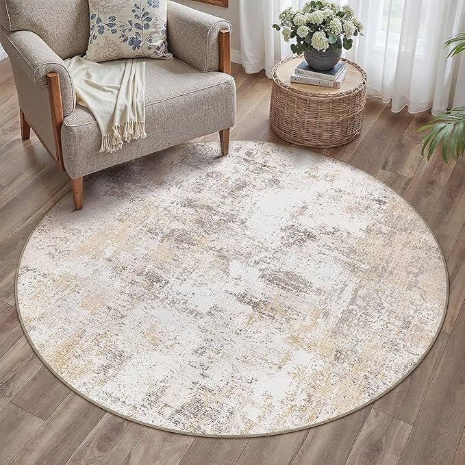 3x3 Washable Round Rug Beige Grey Neutral Abstract Entryway Non Slip Low Pile - Image 3