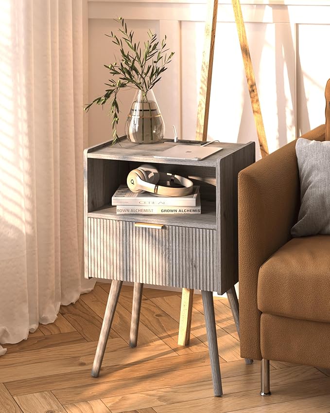 Nightstand with Outlet, Modern Bedside Table with Storage Drawer and Open Wood - Image 7