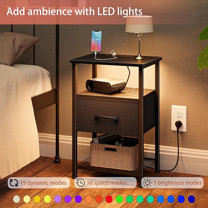Nightstands Set of 2 with Charging Station and Drawer, End Table Bedside Table - Image 4
