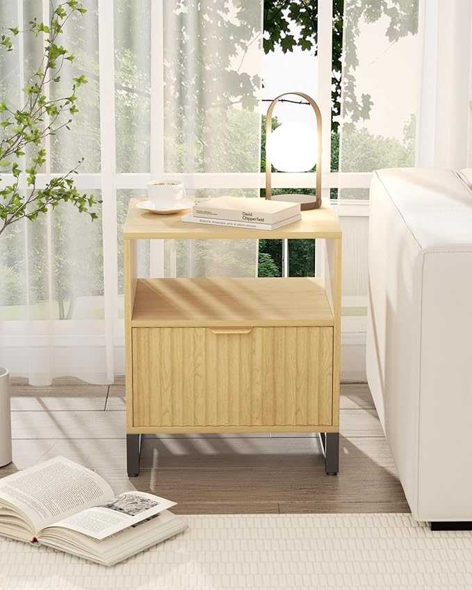 Fluted Night Stand Set 2 with Charging Station, Wood Nightstand with Large - Image 2