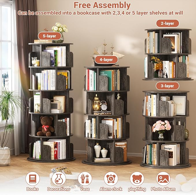 Rotating Bookshelf Tower, 5 Tier Spinning Bookcase, Revolving 360 Book Shelf - Image 5