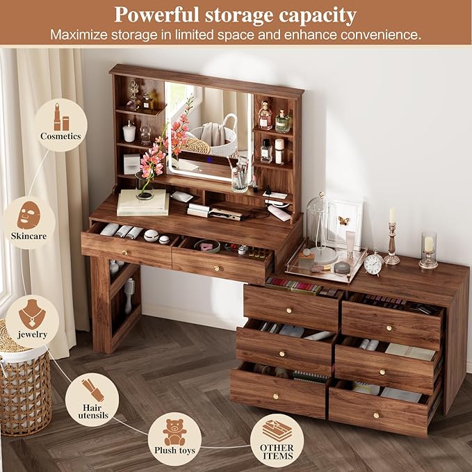 Large Makeup Vanity Desk with Mirror and Lights, Vanity Desk with 8 Drawers & - Image 2