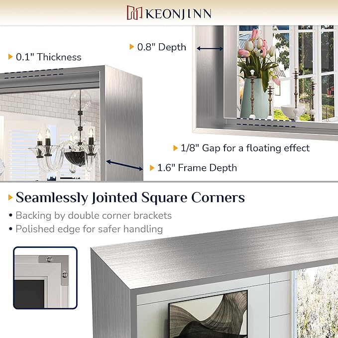 Keonjinn 48 x 40 in Brushed Nickel Bathroom Mirror, Rectangular Wall Metal - Image 3