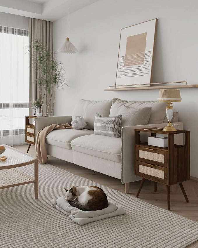 Rattan Nightstand with Charging Station, Modern Bedside Table with 2 Storage - Image 3