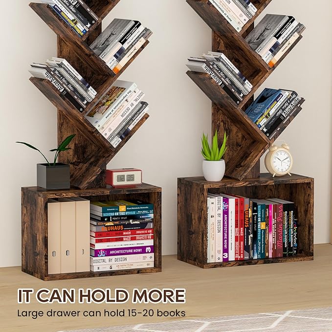 6 Tier Tree Bookshelf, Sturdy Retro Floor Standing Wood Bookcase, Storage Rack - Image 5