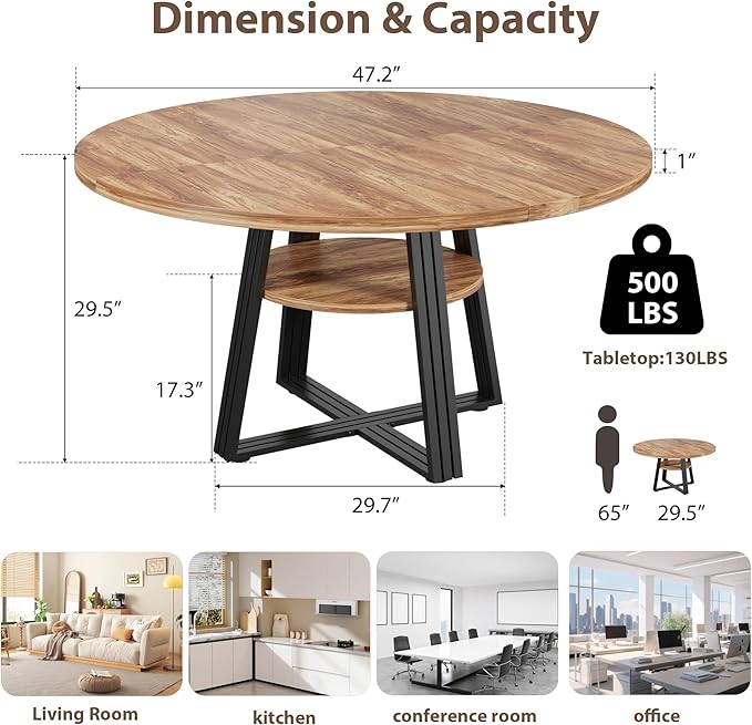 GarveeHome Round Dining Table for 4-6, 47.2" Farmhouse Kitchen Table - Image 2