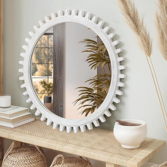ULIKE Round Wood Mirror, 24 Inch Rustic Farmhouse Circle Mirror - Image 9