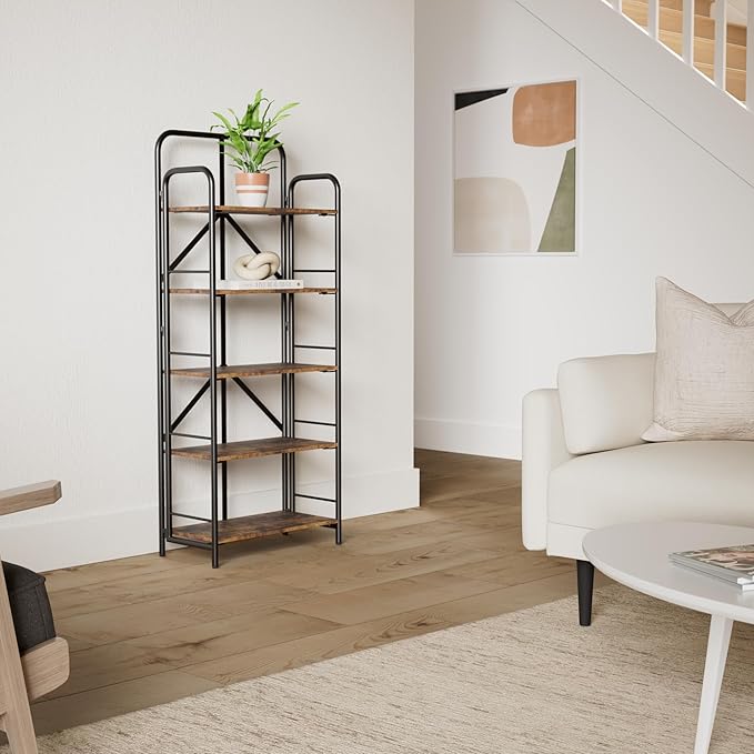 4NM No Assembly Folding Bookshelf 5 Tiers Vintage Industrial Black Book Shelf - Image 2